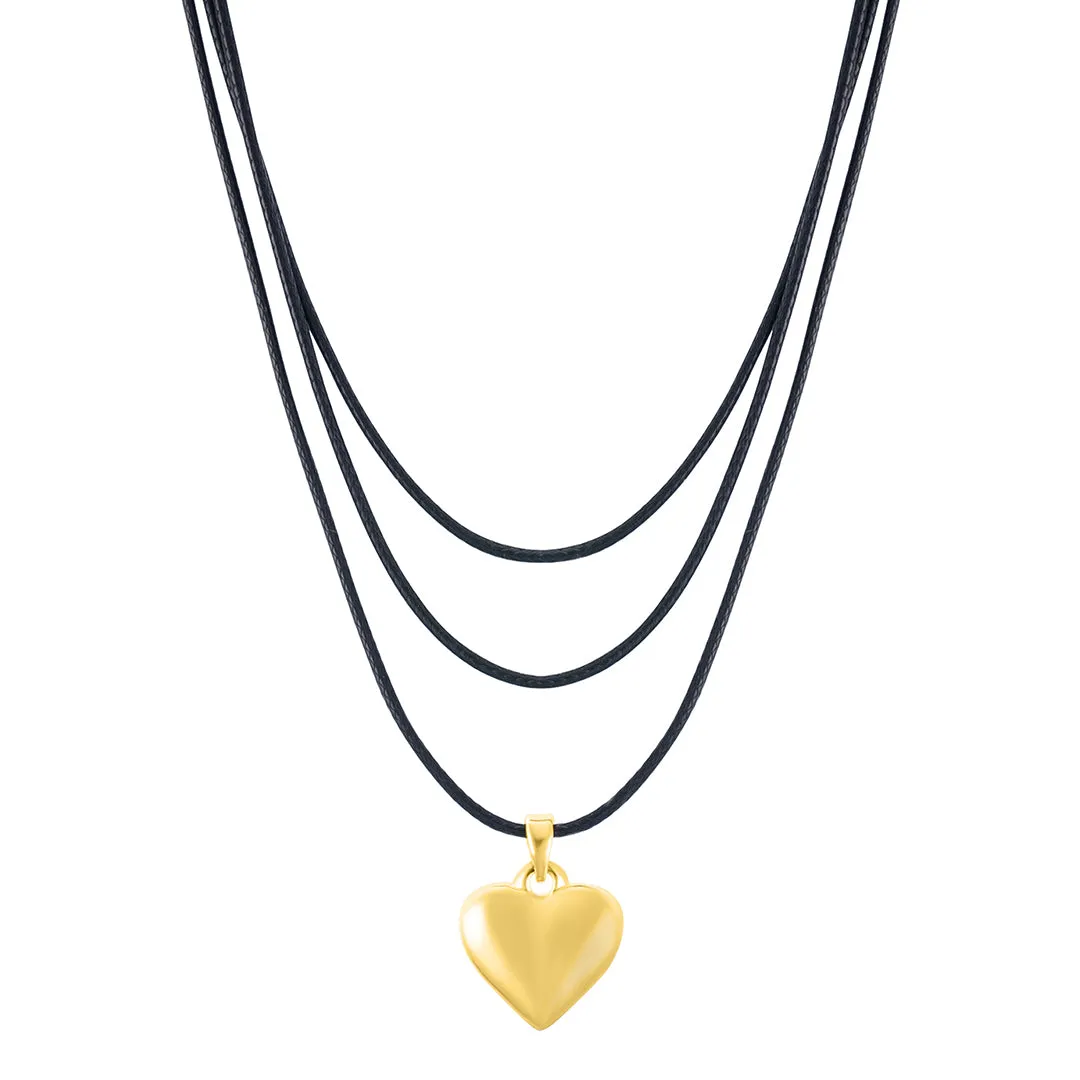 14k Gold Plated Adjustable Puffy Heart with Black Chord Bolo Necklace