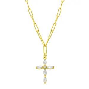 14k Gold Plated Paperclip Cubic Zirconia Cross Necklace