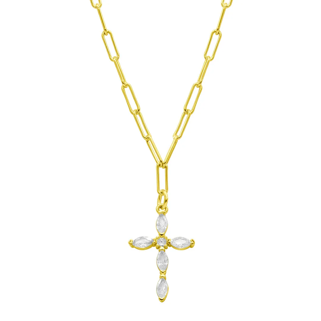 14k Gold Plated Paperclip Cubic Zirconia Cross Necklace