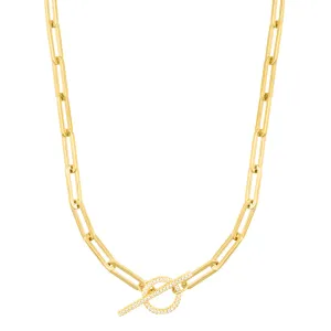 14k Gold Plated Paperclip CZ Toggle Necklace