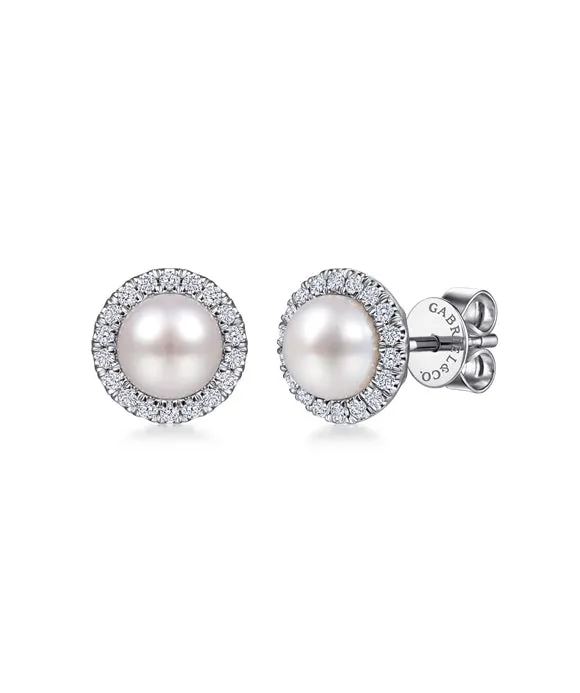 14K White Gold Pearl and Diamond Halo Stud Earrings