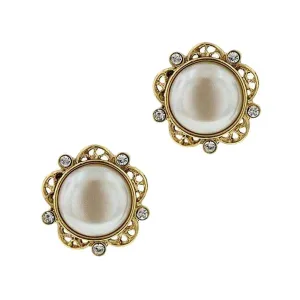 1928 Jewelry White Faux Pearl & Crystal Round Button Earrings