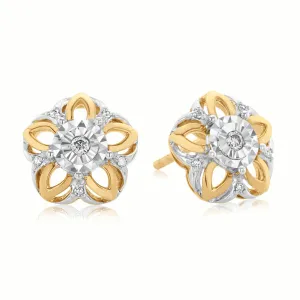 9ct Two Tone Gold & Diamond Flower Set Stud Earrings