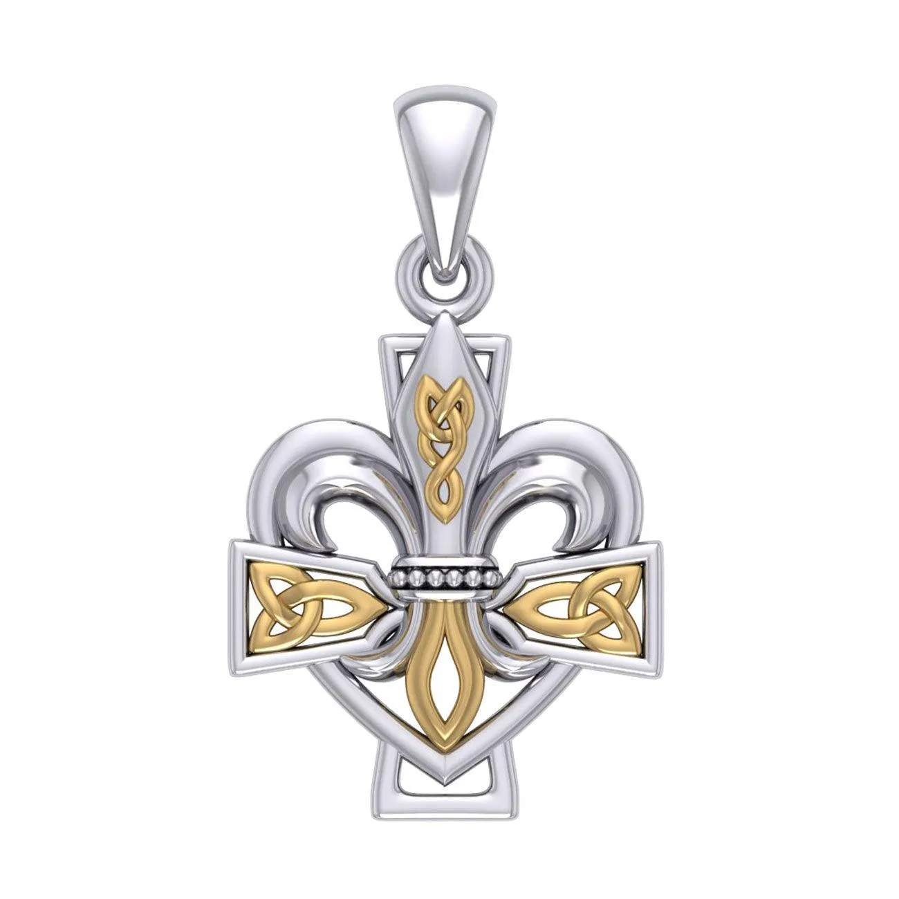 A powerful combination of Celtic elements ~ Silver and 14K Gold Accent Pendant in Fleur-de-Lis and Celtic Cross MPD6068