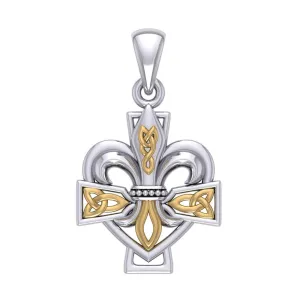 A powerful combination of Celtic elements ~ Silver and 14K Gold Accent Pendant in Fleur-de-Lis and Celtic Cross MPD6068