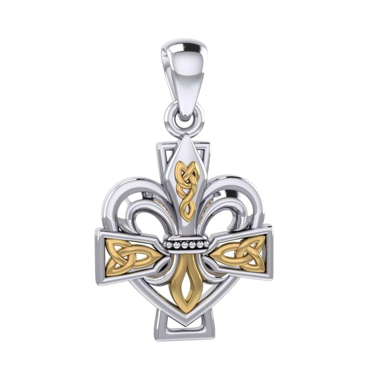 A powerful combination of Celtic elements ~ Silver and 14K Gold Accent Pendant in Fleur-de-Lis and Celtic Cross MPD6068