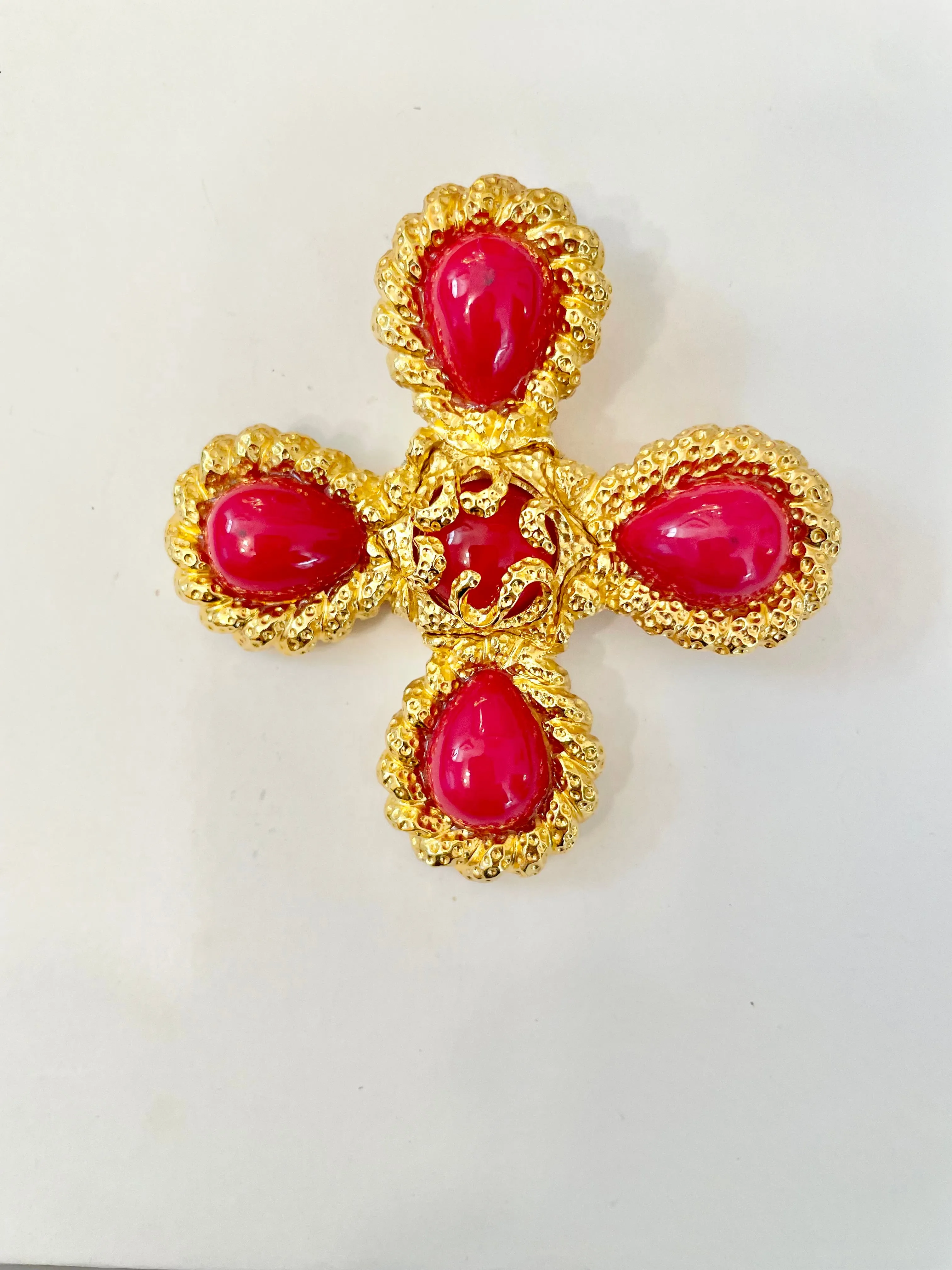 A truly classy St. John hot pink Maltese cross brooch.... so chic