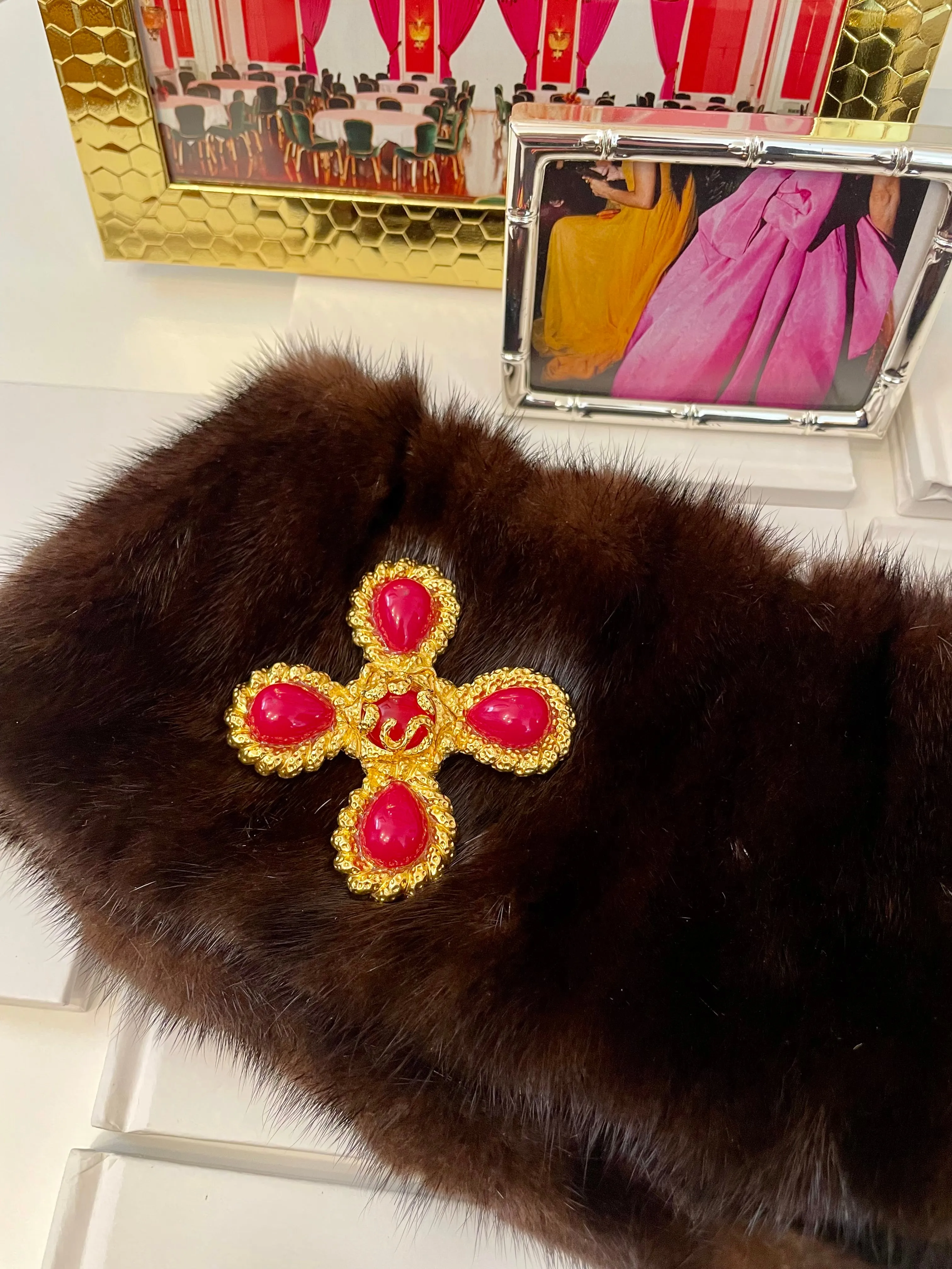 A truly classy St. John hot pink Maltese cross brooch.... so chic