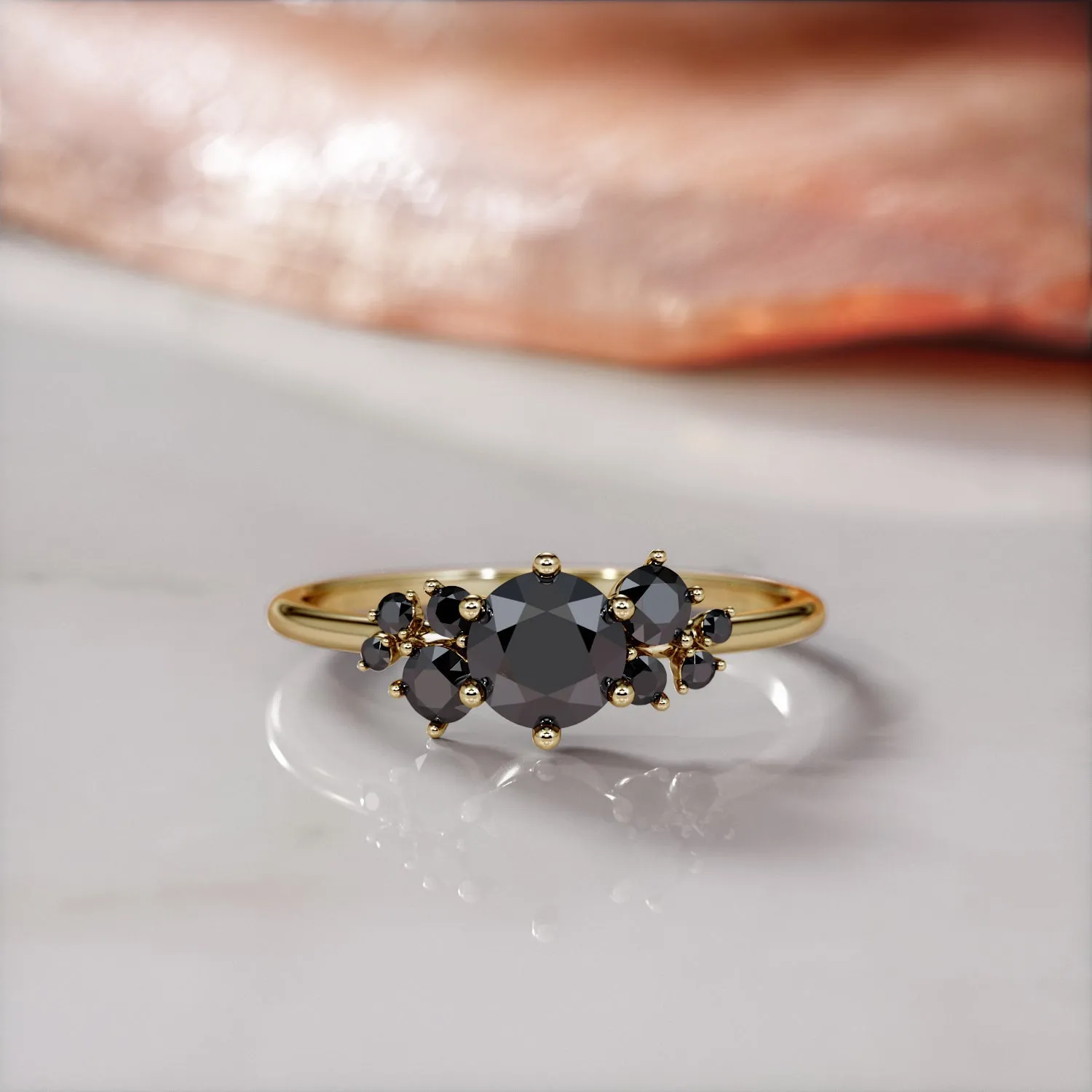 Alma Negra Cluster Natural Black Diamond Round Engagement Ring