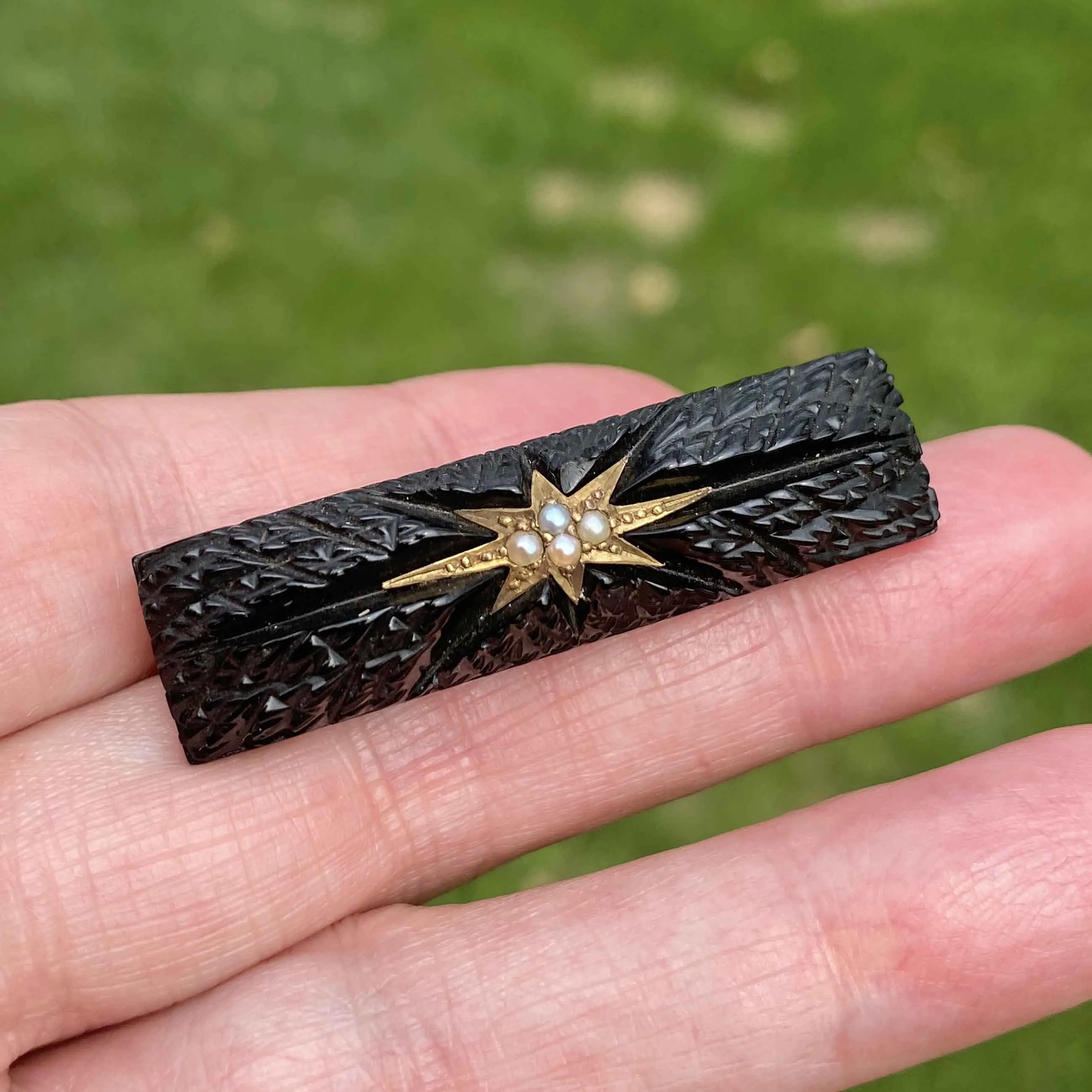 Antique Carved Whitby Jet Pearl Starburst Brooch