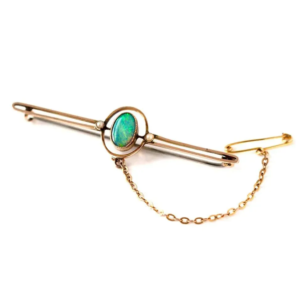 Antique Edwardian Opal Seed Pearl 9ct Gold Brooch