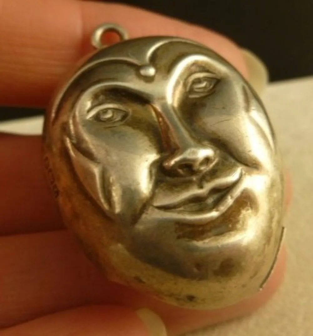 Antique Sterling Silver Jester Rattle Double Sided  Face Pendant