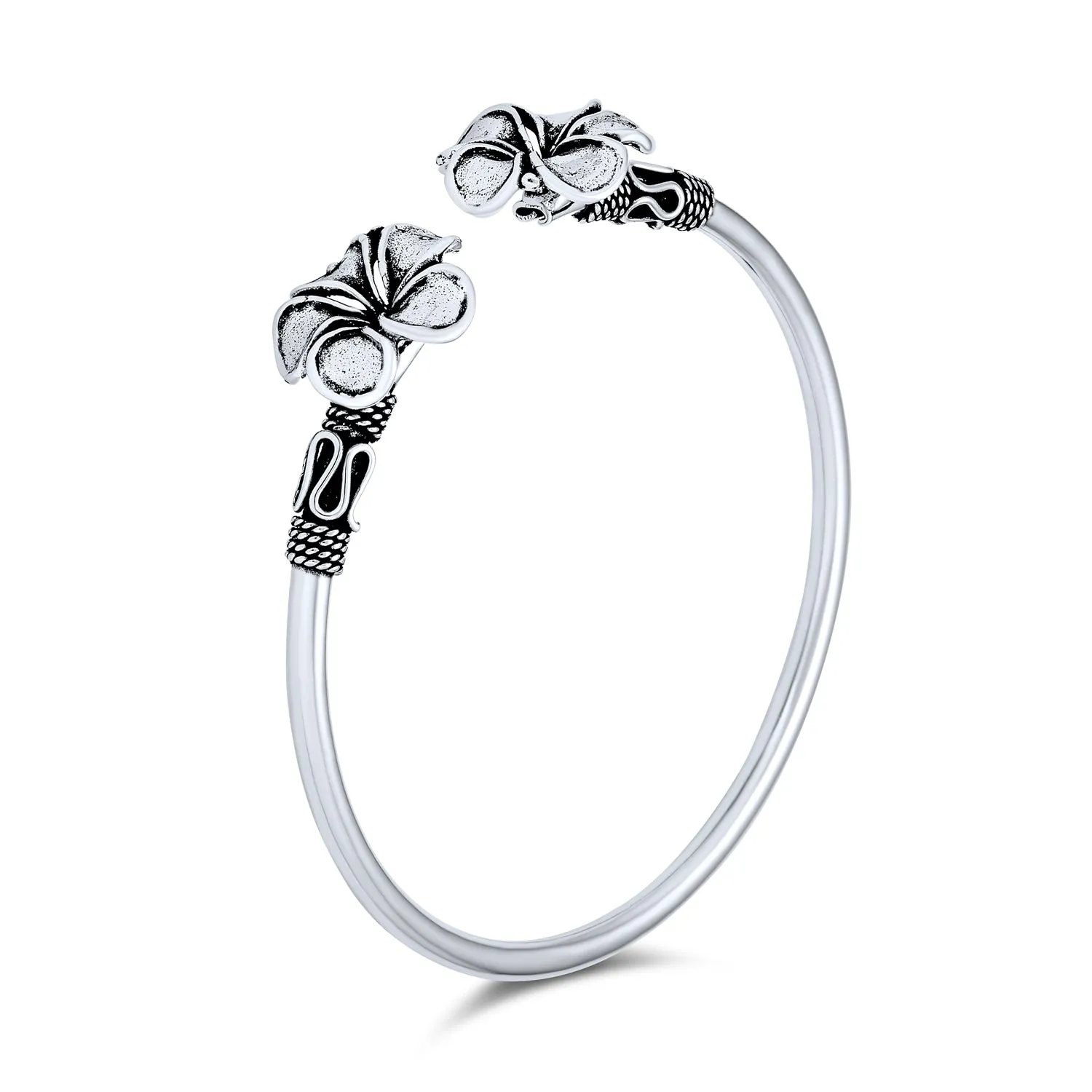 Bali Style Plumeria Flower Bangle Bracelet in Oxidized Sterling Silver