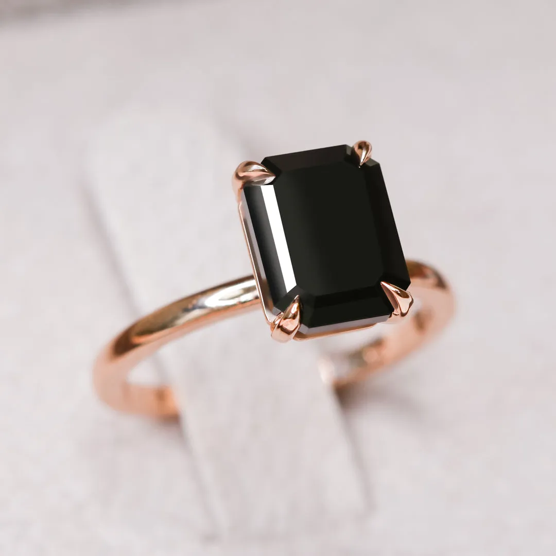 Black Velvet Natural Black Diamond Emerald Cut Engagement Ring