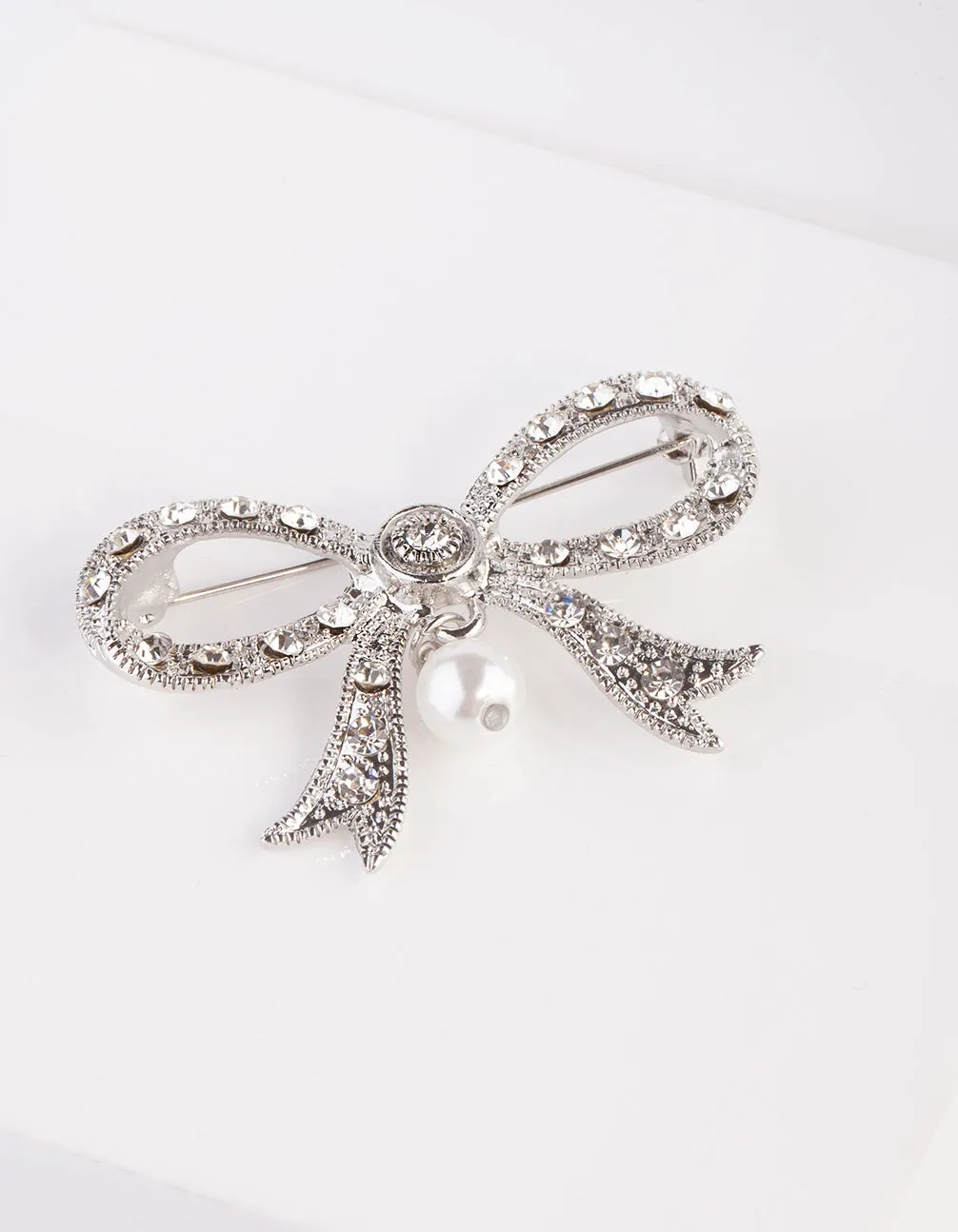 Crystal Bow Pearl Drop Brooch