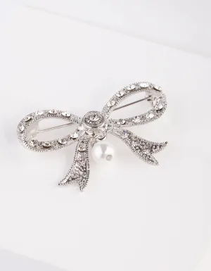 Crystal Bow Pearl Drop Brooch