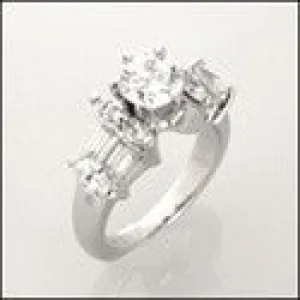 Cubic Zirconia 1 Carat Round Engagement Ring Marquise Baguettes 14K White Gold