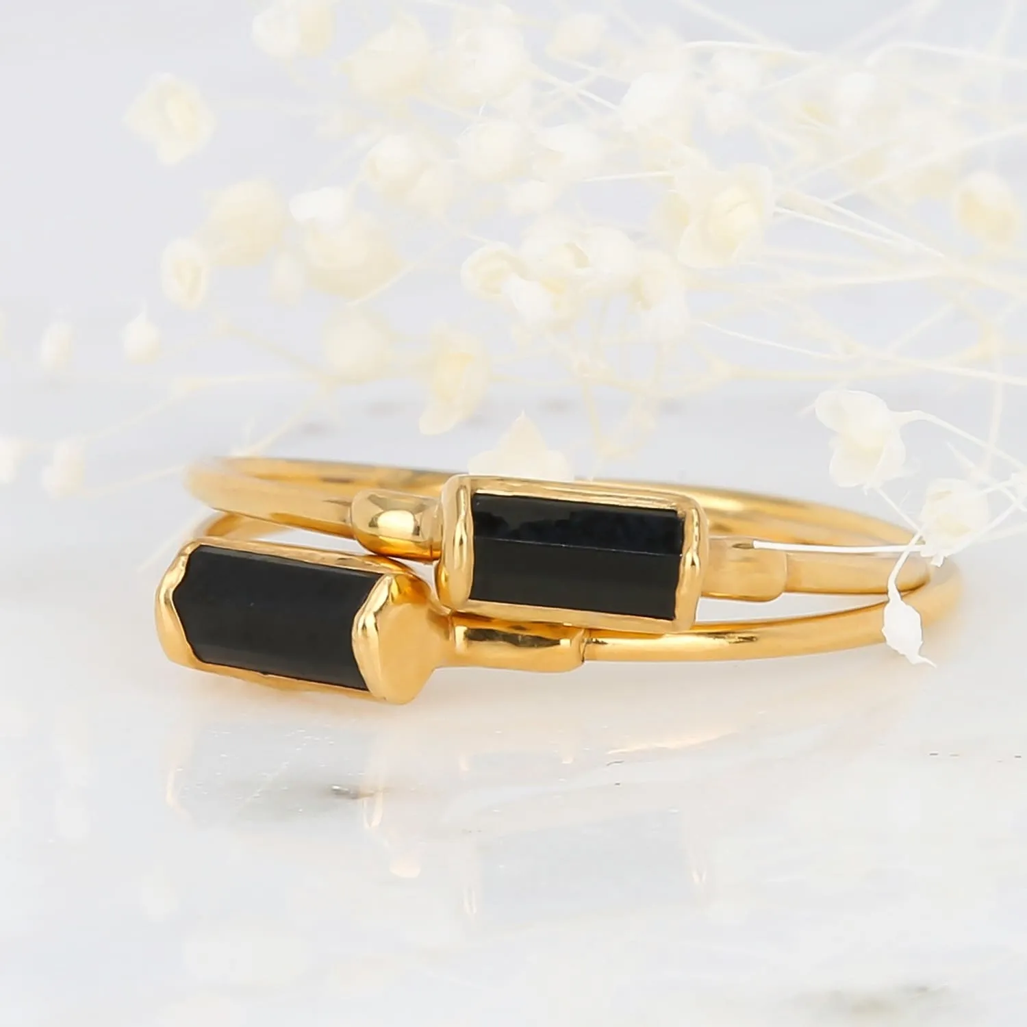 Dainty Black Tourmaline Baguette Ring