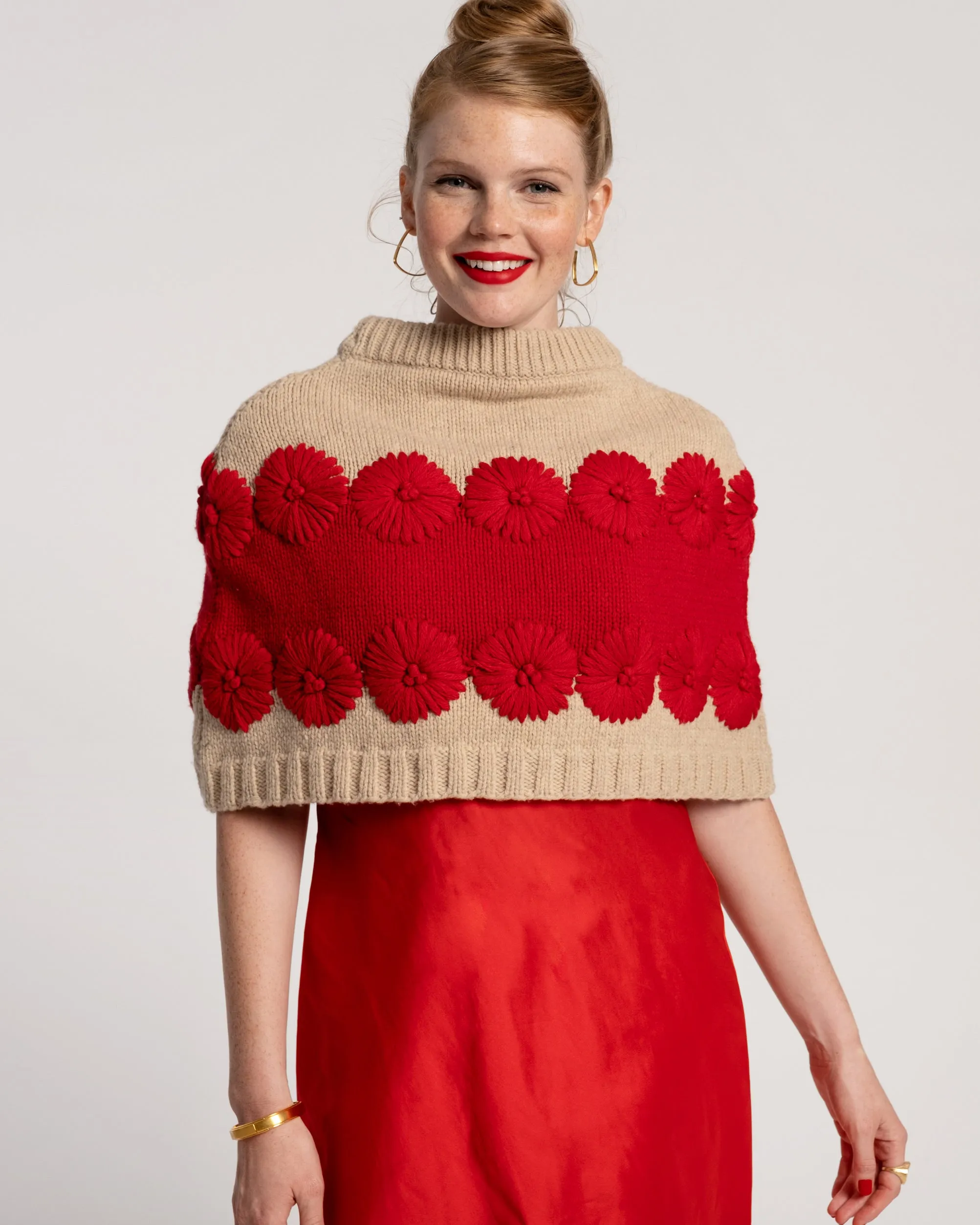 Emma Embroidered Flower Wool Shrug Oyster Red