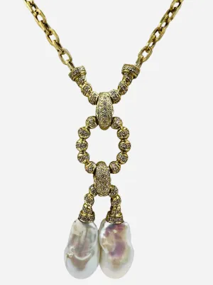 Estate Biwa Pearl Diamond Yellow Gold Link Necklace