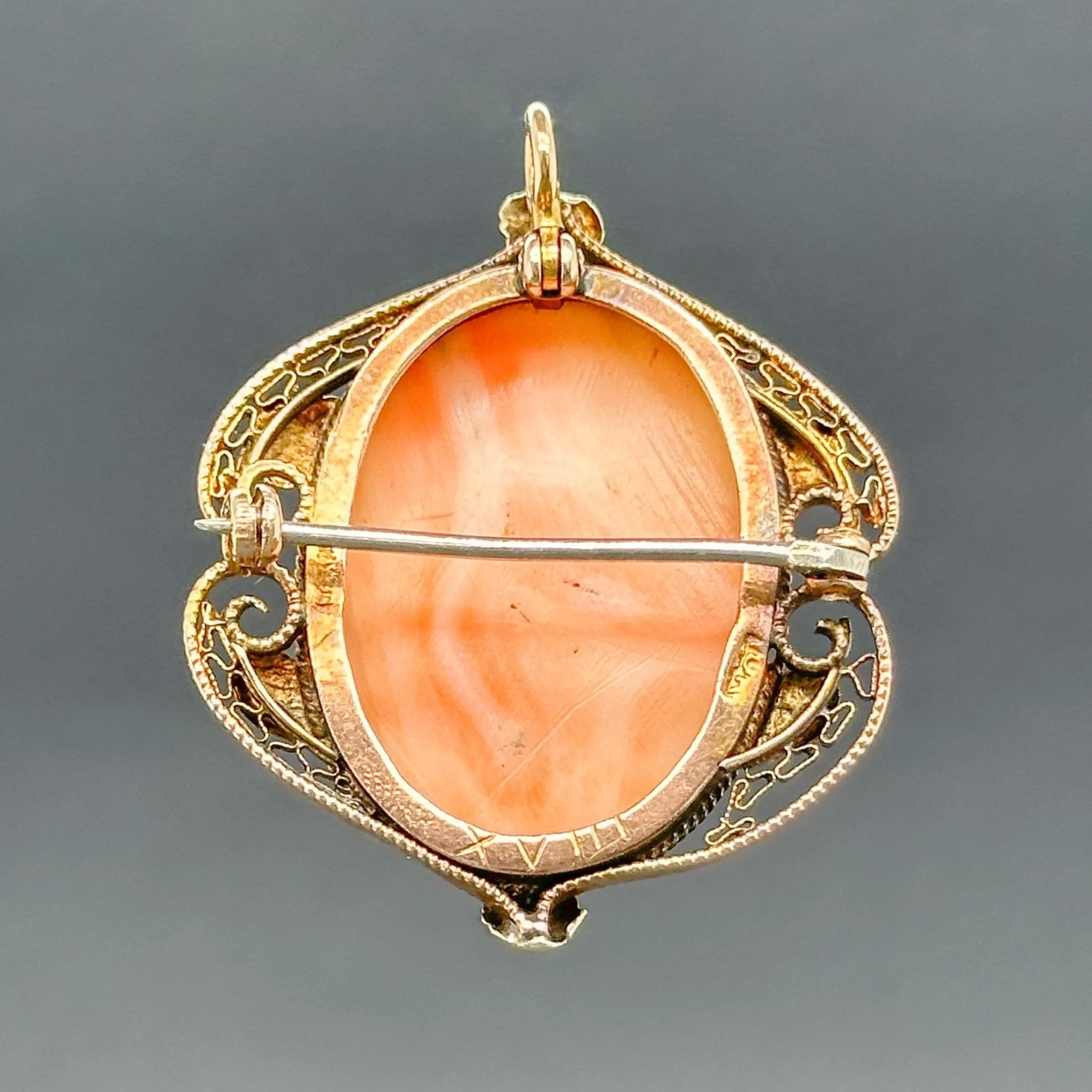 Estate Victorian 14K Y Gold 17.01ct Coral Cameo Pin/Pendant