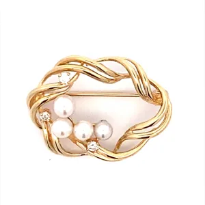 Estate Yellow Gold Pearl and Diamond Brooch