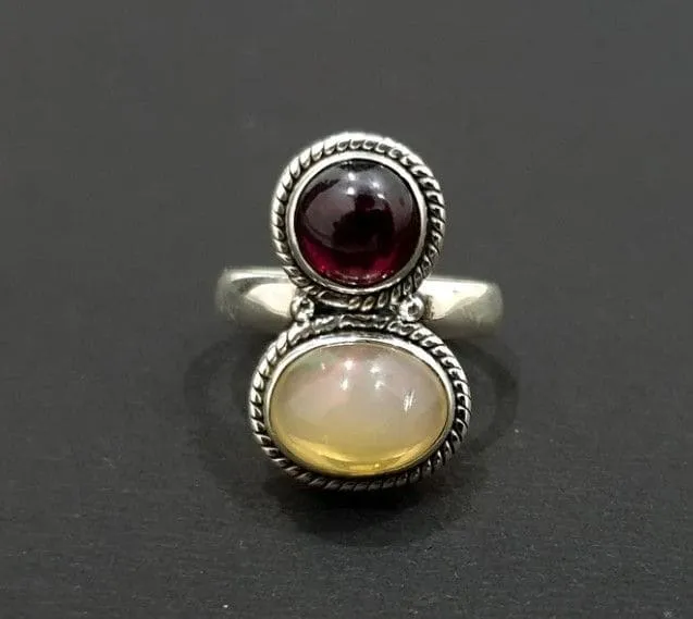 Ethiopian Opal Garnet Ring, Multi Stone 925 Solid Sterling Silver Ring, Handmade Jewelry, Gift for Her