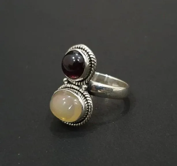 Ethiopian Opal Garnet Ring, Multi Stone 925 Solid Sterling Silver Ring, Handmade Jewelry, Gift for Her