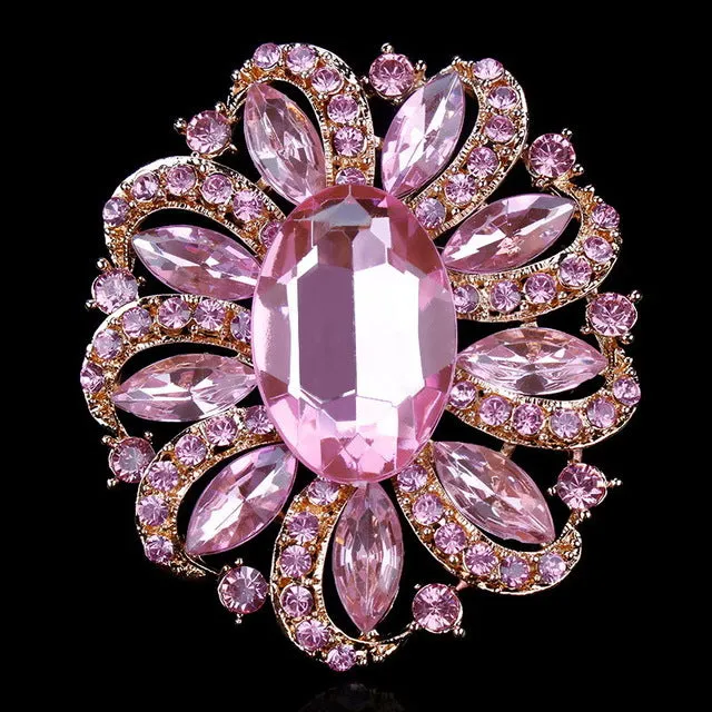 Factory Direct Sale Classic Crystal Rhinestones and Large Oval Acrylic Flower Brooch Pins for Women in Various Colors