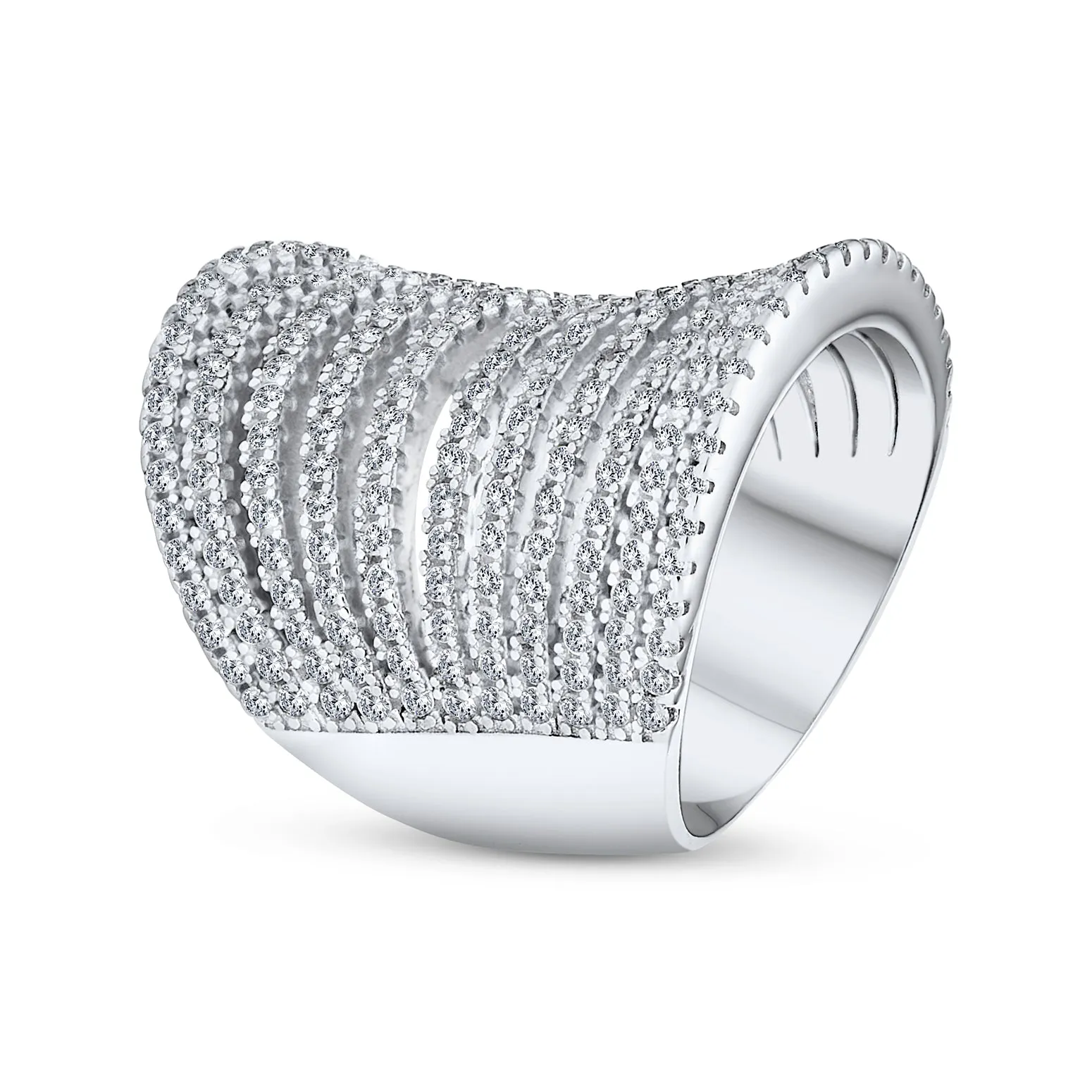 Geometric Fashion CZ Pave Full Finger Armor Cocktail Statement Ring in Sterling Silver