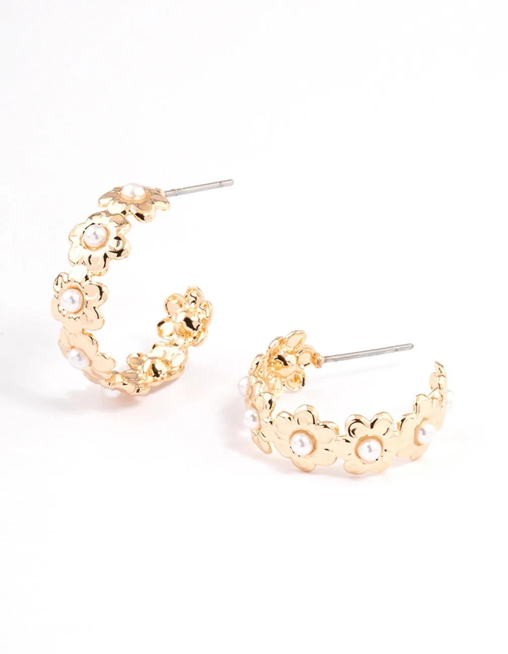 Gold Mini Pearl Flower Hoop Earrings