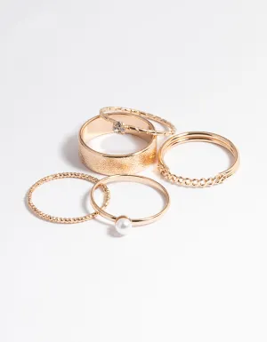 Gold Pearl & Diamante Mix Ring 5-Pack