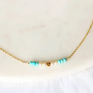 Gold Pearl, Turquoise and Metallic Crystal Arc Necklace