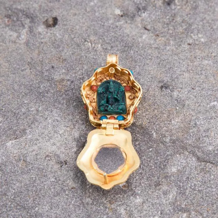 Gold plated  Tibetan Ghau Pendant  Precious stone embeded