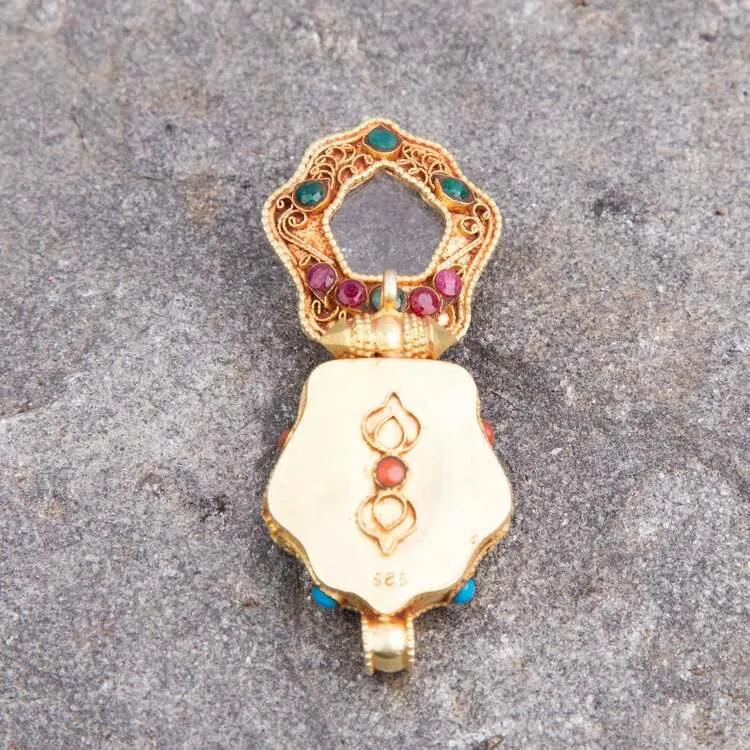 Gold plated  Tibetan Ghau Pendant  Precious stone embeded