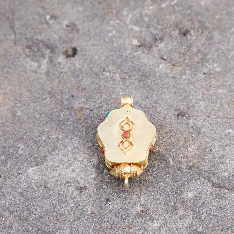 Gold plated  Tibetan Ghau Pendant  Precious stone embeded