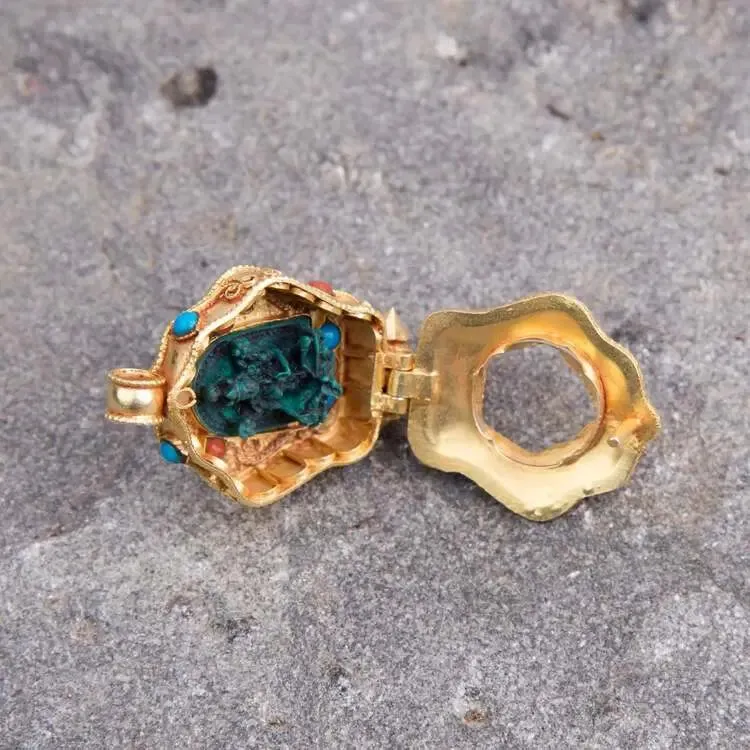 Gold plated  Tibetan Ghau Pendant  Precious stone embeded