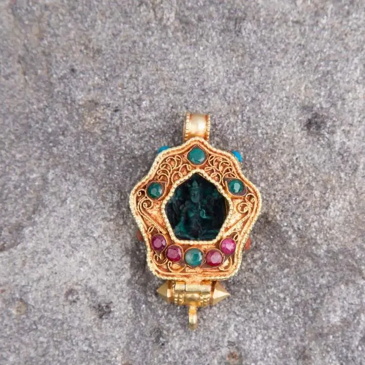 Gold plated  Tibetan Ghau Pendant  Precious stone embeded