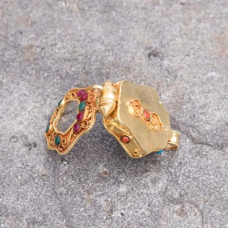 Gold plated  Tibetan Ghau Pendant  Precious stone embeded