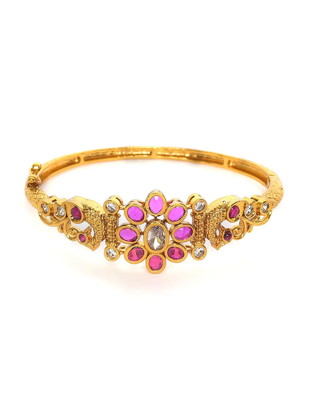 Gold-Plated White Cubic Zirconia Handcrafted,Pink Stone Studded Openable Kada Bracelet