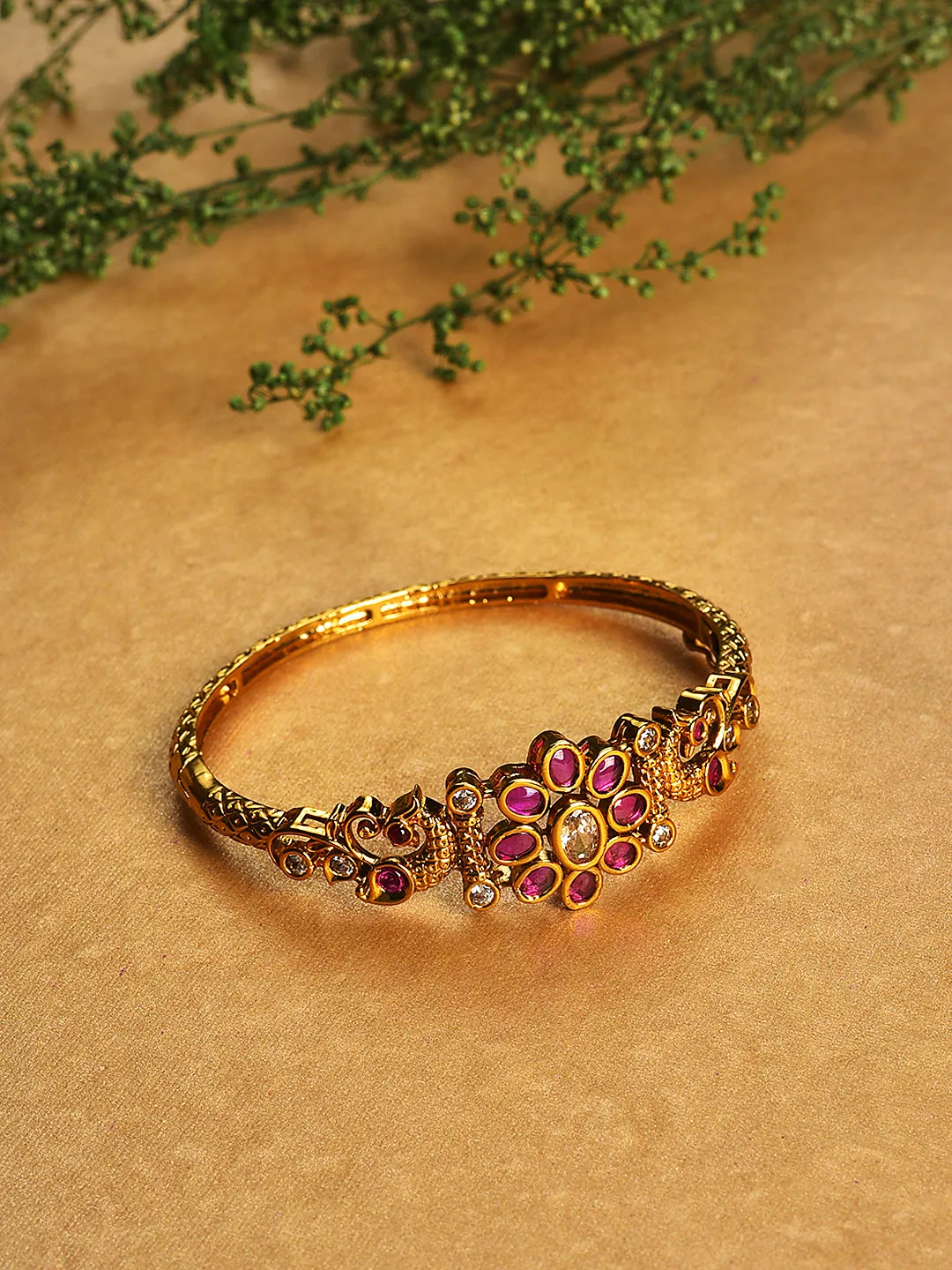 Gold-Plated White Cubic Zirconia Handcrafted,Pink Stone Studded Openable Kada Bracelet