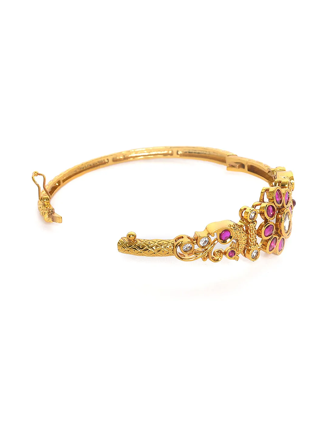 Gold-Plated White Cubic Zirconia Handcrafted,Pink Stone Studded Openable Kada Bracelet