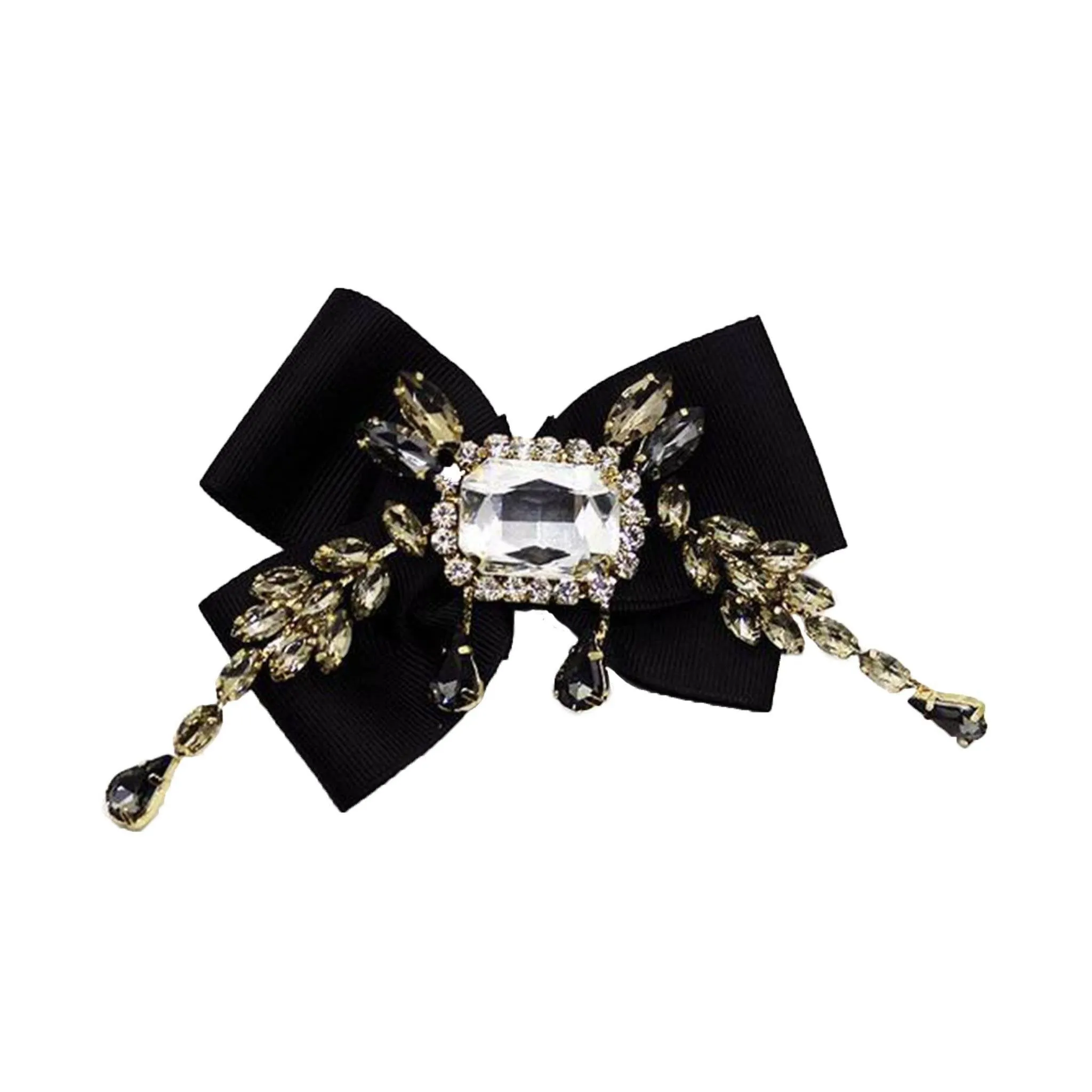 Gothic Austrian Crystal Zirconia Big Bow Brooch, Hair Clip Pin - Black