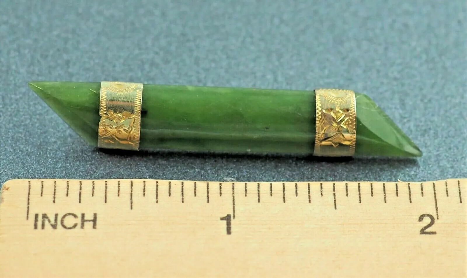 Handmade Nephrite Jade & Engraved 9ct Gold Plated Brooch