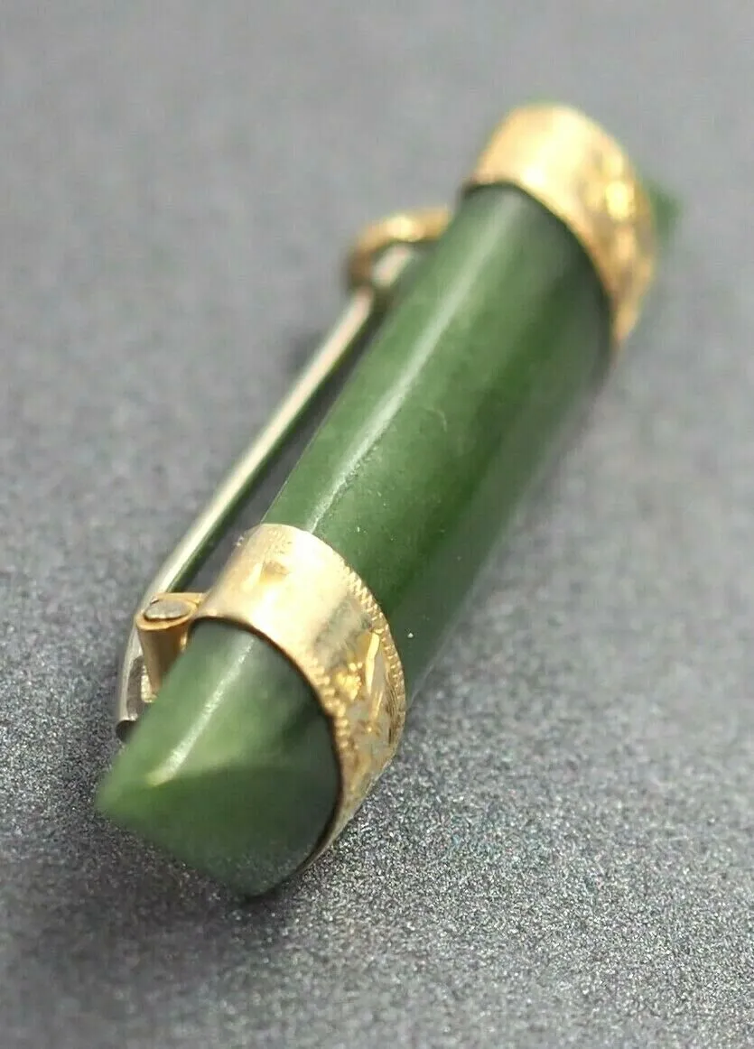 Handmade Nephrite Jade & Engraved 9ct Gold Plated Brooch