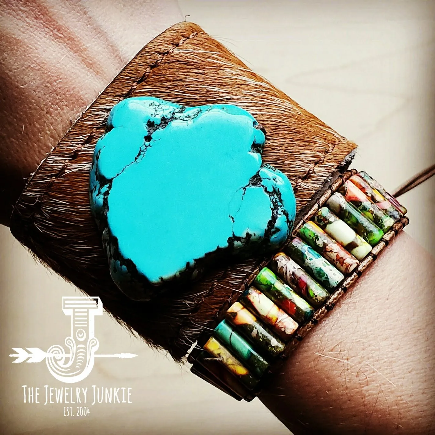 **Leather Cuff w/ Leather Tie-Tan Hide and Turquoise Slab (011q)