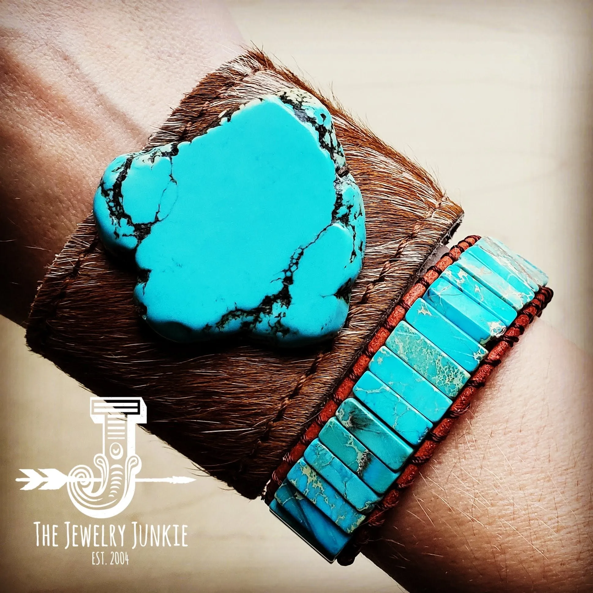 **Leather Cuff w/ Leather Tie-Tan Hide and Turquoise Slab (011q)