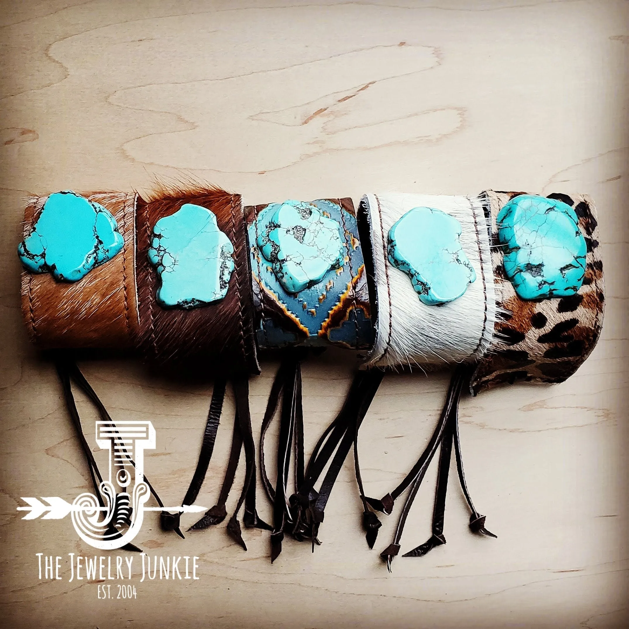 **Leather Cuff w/ Leather Tie-Tan Hide and Turquoise Slab (011q)