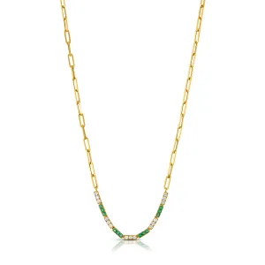 LIGHT PAPERCLIP CHAIN W/ DIAMOND & EMERALD BARS, 14kt Gold