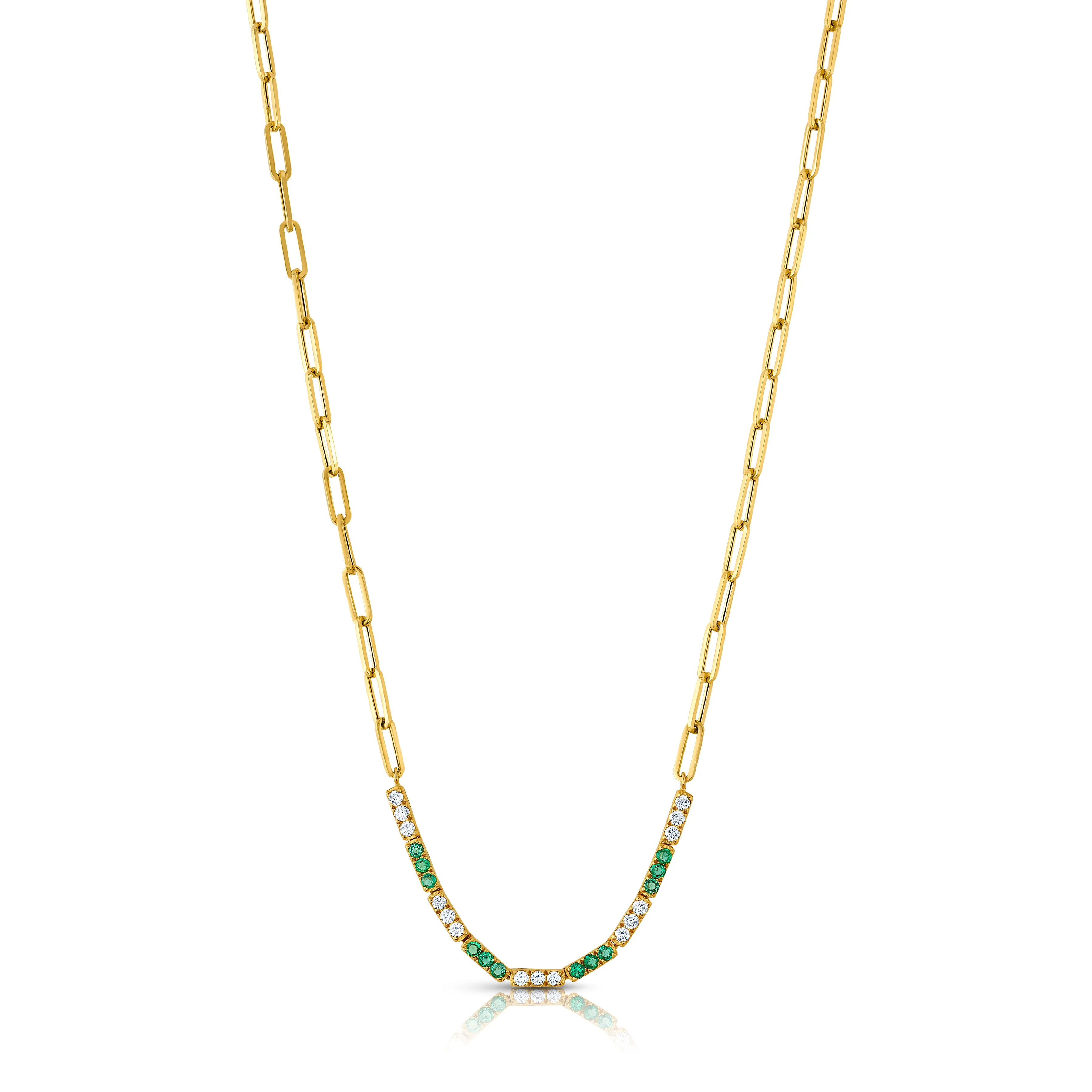 LIGHT PAPERCLIP CHAIN W/ DIAMOND & EMERALD BARS, 14kt Gold